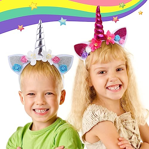 2 Stück Einhorn Haarreif, FUKPO Einhorn Haarreifen Stirnband mit Ohren und Blumen Kinder Mädchen Damen Erwachsene, Einhorn Horn Kopfschmuck Haarband Haarschmuck Geburtstag Party Dekoration(Weiß/Rot)