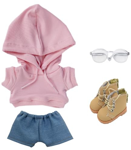 niannyyhouse Lose, solide Kapuzenpullover, Jeans, Brille, hohe Lederschuhe, 10 cm, 15 cm, 20 cm, Plüschpuppenkleidung, weiches gefülltes Plüschtier, Verkleidungszubehör (A3, 20 cm)