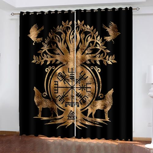 WIKINGER Gardinen mit ösen 2er Set B 110 X H 95 cm 3D Baum des Lebens Vorhang Blickdicht Kälteschutz Schallschutz Verdunkelung Wärmeisolierende Vorhänge für Wohnzimmer Schlafzimmer