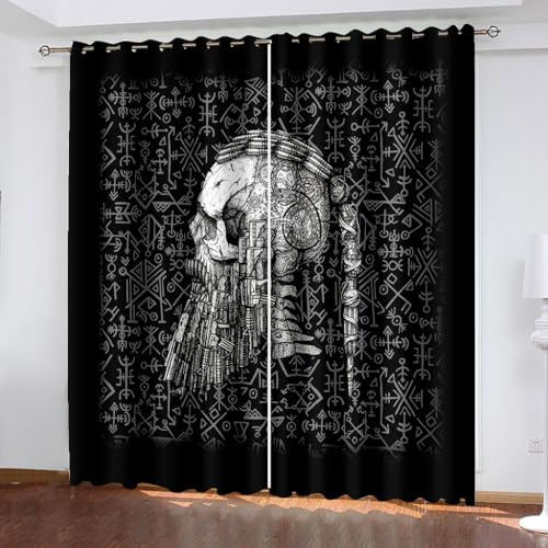 WIKINGER Gardinen mit ösen 2er Set B 110 X H 95 cm 3D Totenkopf Vorhang Blickdicht Kälteschutz Schallschutz Verdunkelung Wärmeisolierende Vorhänge für Wohnzimmer Schlafzimmer