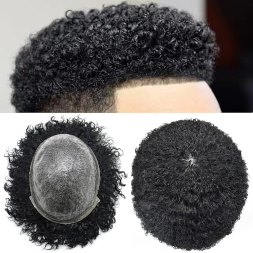 Afro Toupee for Basketball Players and Basketball Fans PU Afro Curly Hair Pieces for American African Black Men Brazilian Virgin Human Hair Afro Curl Toupee for Black Men (8mm wave)