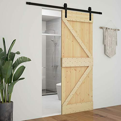 Homgoday puerta corredera madera,Puerta Corredera con Herrajes Deslizante Corrediza Entrada Hogar Cuarto de Baño Salón Sala puerta granero de Estar Habitación 100x210cm Madera Maciza dePino Marrón1uds