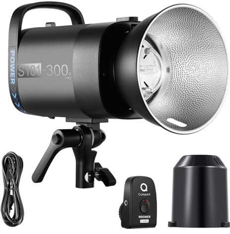 NEEWER S101-300W PRO Studio Flash Blitzlicht Studioblitz mit 2,4G Auslöser 150W Einstelllampe 300Ws GN58 5600K Bowens Mount Reflektor S1/S2 Modus leiser Lüfter kompatibel mit QPRO für Produktaufnahmen