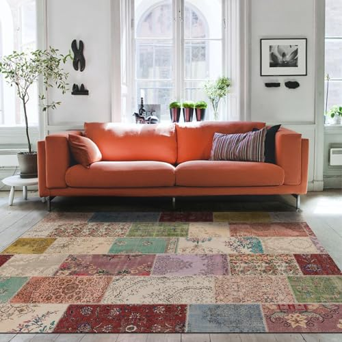 bamyum Afra Bedruckter Teppich Chenille-Druck Maschinell Hergestellt 120 x 180 cm, Wohnzimmer Vintage Schlafzimmer, Antibakteriell Antirutschunterlage Küchenteppich Patchwork