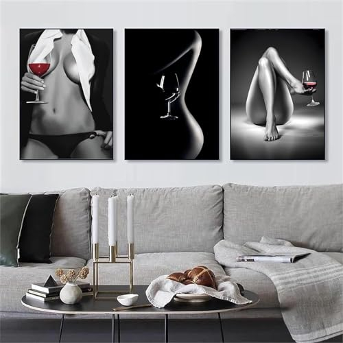AWKFHF Schwarz Weiß Bilder Sexy Frau mit Weinglas Leinwand Malerei Poster Kunstdruck Schlafzimmer Wohnzimmer Wand Deko(Kein Rahmen) (3X40X50CM)