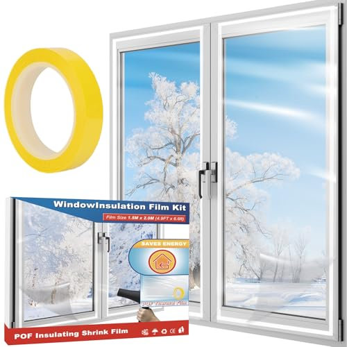 Window Insulation Kit 1.5 m x 2 m, Clear Window Insulation Film Stop Cold Condensation, POF Thermal Window Film with Double Sided Tape, Secondary Glazing Kit for Windows to Reduce Heating Costs