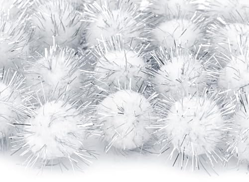 100stk Plush Pompons mit Silber Glitzer, Rund Pompon, Weiss Farbe Set 20mm Bommel Nähen Tilda Basteln Borte bälle Flauschigen Plüsch Bälle für Lustige DIY Kreative Handwerk