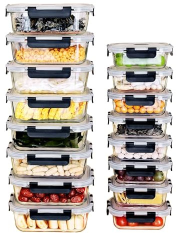 IUGHN 16-Pack Glass Food Storage Containers, Meal Prep Containers Glass with Snap Lock Lids, Reusable Glass Lunch Box with Lid, Leakproof Glass Containers, Microwave, Oven & Dishwasher Safe