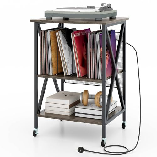 COSTWAY Record Player Stand, Rolling Turntable Stand End Sofa Side Table with Dividers, Shelf and Wheels, Albums Vinyl Record Storage Cabinet for Living Room Bedroom (with Charging Station, Grey)