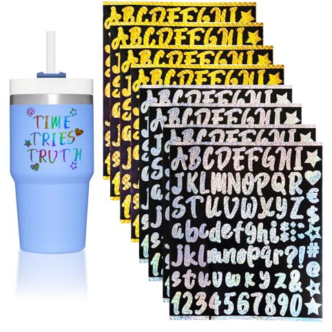 YONEEKSS 8 Sheets Vinyl Letter Stickers, Self-Adhesive Glitter Alphabet, Waterproof Mini Size DIY Decoration for Stanley Cups, Water Bottles, Scrapbooks