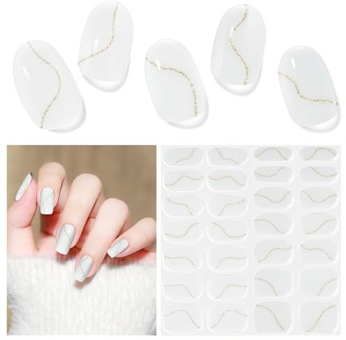Nagelfolie UV Härtend - 28 Stück Nagelaufkleber Gel Nagelfolien Selbstklebend French Gel Nail Strips für UV Lamp Lang Anhaltende Nagellackstreifen Nagelaufkleber Art Stickers DIY für Damen