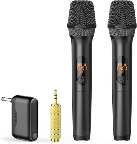 voijump Micrófonos inalámbricos, micrófonos duales profesionales UHF para karaoke, sistema de micrófono dinámico inalámbrico con receptor recargable, Plug and Play