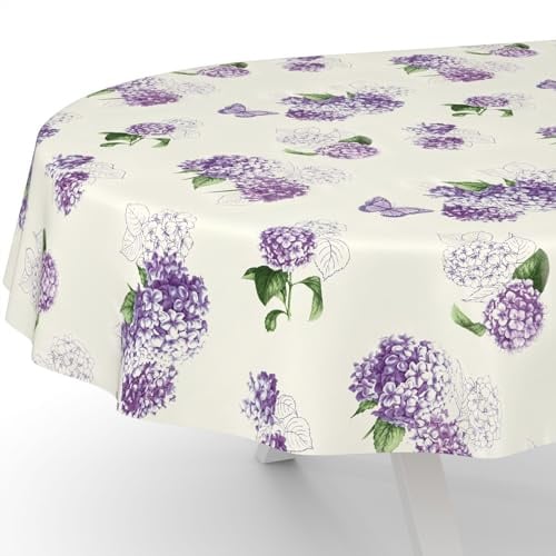 ANRO Nappe en toile cirée lavable, pour table de jardin, de forme ronde, ovale ou rectangulaire, ovale, 240 x 140 cm, bord coupé, motif fleurs lilas