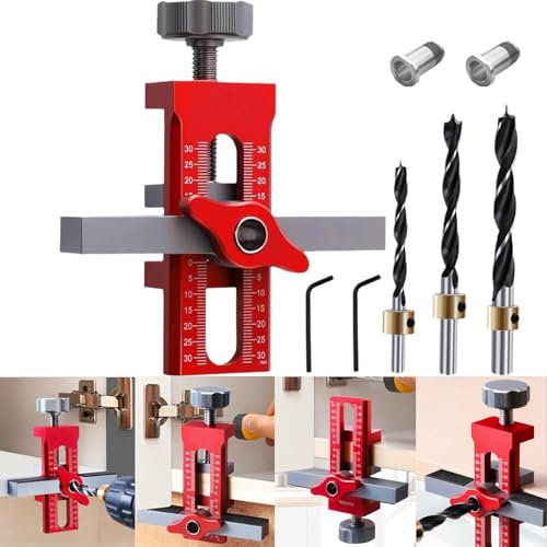 Cabinet Door Installation Jig, 2-in-1 Mounting Tool with Adjustable Positioner, Aluminium Alloy Versatile Cabinet Door Positioning Tool for Most Cabinet Doors with 3 Drill Bits, Red