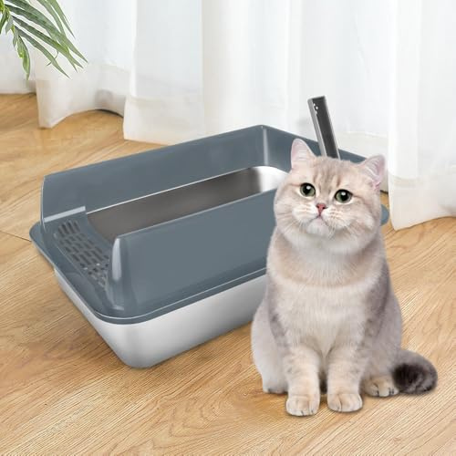 Bac à Litière en Acier Inoxydable,Litière pour Chat, Étanche et Anti-Renversement Litière pour Chats Semi-fermée, 50 * 35 * 24cm- Gris