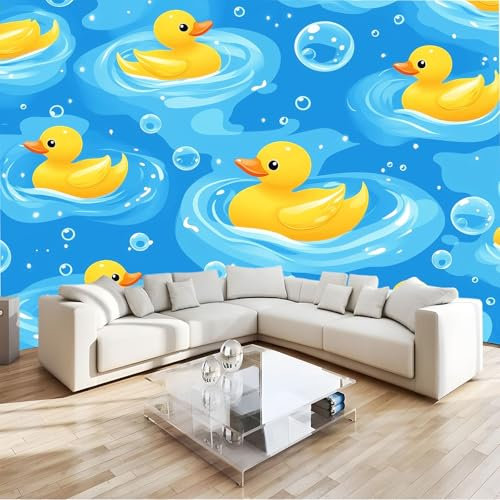 Générique Bleu Papier Peint, 3D Intissé Fresque Canard En Caoutchouc Dessin Animé Salon Chambre Enfant Décoration Murale 300 X 210 Cm Pour Intérieur Maison (Facile À Installer)