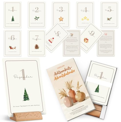 COZCLAM Achtsamkeits-Adventskalender für Erwachsene,24 Affirmationskarten,A | Beidseitig bedruckte Karten mit Holzständer und positiven Sprüchen zu Selbstliebe und Achtsamkeit; Geschenk für Frauen