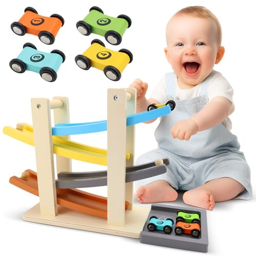 WJMY Kugelbahn Holz ab 1 Jahr, Murmelbahn mit 4 Auto Spielzeug & Parkplatz, Kugelbahn Baby, Geschenk 1 2 Jahre, Geburtstaggeschenke, Kognitive Entwicklung fur Junge Mädchen