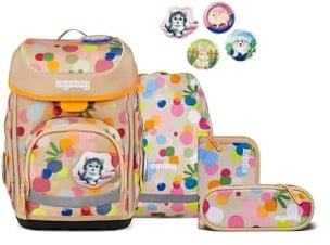 ergobag Schulranzen-Set cubo Set Flower PowBär - Beige | Ergonomischer Schulranzen klassisch 5-teilig für die 1. Klasse der Grundschule