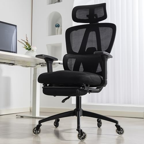 AMBINESS Bürostuhl Schreibtischstuhl | verstellbare Armlehnen & Kopfteil | 6 Modelle | Ergonomisch | stufenlos verstellbare Lendenstütze | inkl. 2 Rollensets | bis 150kg | Master FX Mesh-Schwarz