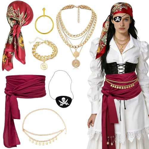 xinrongda Piratenkostüm Damen - 7pcs Medieval Pirate Accessories Costume Accessory Set, Pirate Eye Patches 、Headscarf necklace etc, for Halloween Piraten Kostüm Cosplay Party.