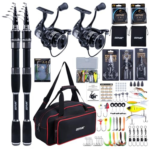 Goture Angelset mit 2 Teleskop-Angelruten, Angelrute Set Komplett 2 5.2:1 Spinnrolle (9+1 Bearing), Schnur, Köderbox & Tragetasche – für Salz-/Süßwasser, Reisen–Angelgeschenk
