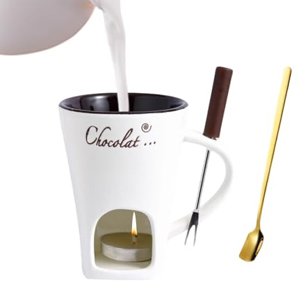 Chocolate Fondue Mug with Forks and Spoon, 130ml Ceramic Butter Warmers Pot Set, Personal Cheese Melting Cup, Fondue Heated with A Tealight, Warmer Mug for Candy Snack Caramel Party