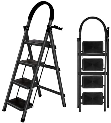 OHMG Escabeau 4 Marches avec Plateforme de Travail, Charge 150 kg Escabeau Pliable, Larges Marche Pied Pliable Antidérapantes, Tabouret en Acier Marche Pied Adulte,Charge 180 kg