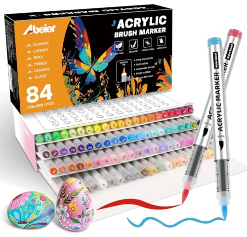 ABEIER 84 Colours Acrylic Paint Pens for Adults, Acrylic Brush Markers，Acrylic Markers for Colouring，Rock Painting, Wood, Stone, Canvas, Glass, Fabric, Eggs, and DIY Crafts Art Supplies