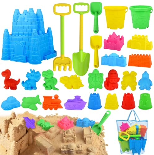 Beach Toys, Sandbox Toys 28Pcs Kids Sand Play Set, Giant Castle, Dinosaur & Animal Molds with Collapsible Buckets, Shovels & Rakes, Soft Plastic Summer Outdoor Travel Toys for Toddlers Boys Girls