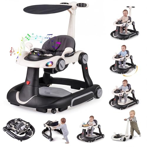 COSTWAY 7 in 1 Lauflernhilfe mit Verdeck, Baby Walker ab 6 Monate (Schwarz) | Lauflerwagen klappbar mit einstellbarer Höhe & Geschwindigkeit, Gehfrei Baby mit Spielboard, Musik, Licht & Rädern
