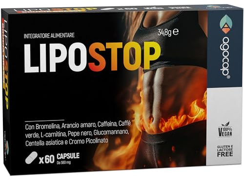 Complemento Alimenticio con Glucomanano, L-Carnitina, Bromelina, Naranja Amarga, Cafeína, Café Verde, Pimienta Negra, Centella Asiática y Cromo. 60 Cápsulas | LIPOSTOP, Agocap
