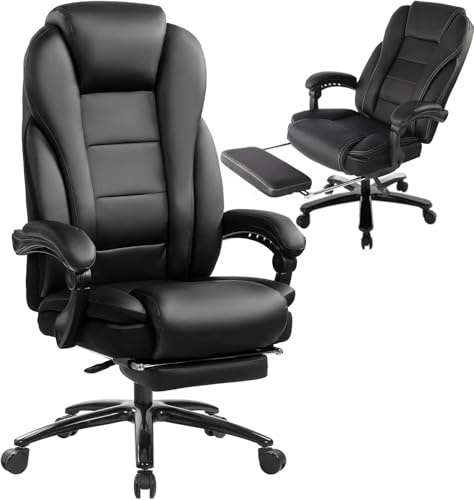 Bosmiller Bürostuhl Chefsessel 210kg, extra breite Sitzfläche mit Fußstütze, Office Chair mit verstellbare Rückenlehne, PU-Leder Home Office Stuhl,Schwarz