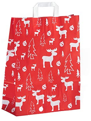 18+8x22cm, Elch, Papiertragetasche, Flachhenkel, Geschenktüte Weihnachten, Weihnachtstüten, Geschenktasche, Rot Größe 25 Stück