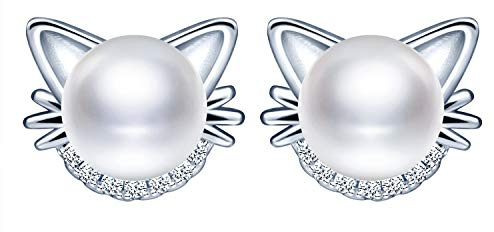 Unendlich U Ohrstecker 925 Sterling Silber Katze Perlen Ohrringe Perlenohrringe mit Zirkonia 6.5mm Süßwasser Zuchtperlen Geschenk zum Muttertag