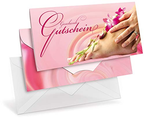 Premium Gutscheinkarten (10 Stück) mit transparenten Briefumschlägen - Geschenkgutscheine für Fußpflege, Podologie, Wellness - DIN lang Faltkarte verschließbar
