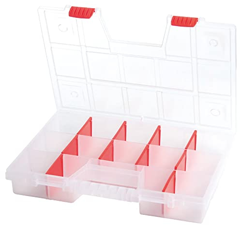 Boîte de rangement, pour petites pièces, avec 14 compartiments, poignée ergonomique, fermetures à serrage, transparente, 390 x 290 x 65 mm