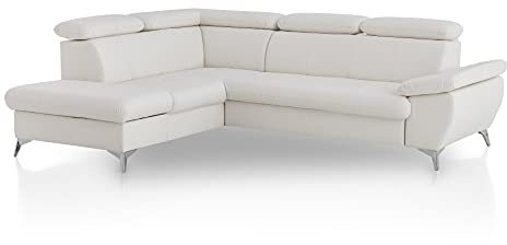 Mivano Eckcouch Gisele / Ecksofa mit Schlaffunktion, Stauraum, Armteilfunktion und Kopfteilverstellung / 256 x 83 x 209 / Kunstleder, Weiß