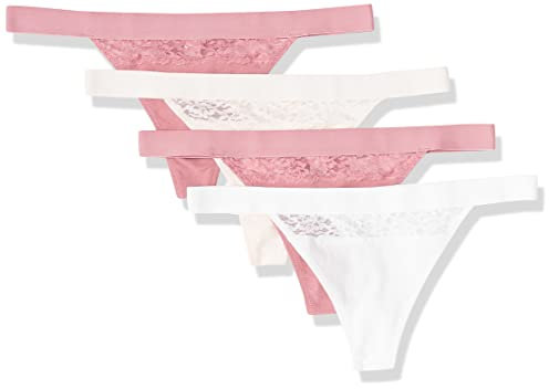 Amazon Essentials Tanga de Tira en Algodón y Encaje Mujer, Pack de 4, Blanco Brillante/Rosa Pálido/Malva, 40