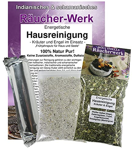 Energetische HAUSREINIGUNG - Kräuter und Engel AUSRÄUCHERN von Haus + Wohnung 4-TLG Set mit SAGE weißer Salbei + Kopalharz + Zeder + Sweetgrass + Angelika + Räucherkohle + ZUBEHÖR. 81043