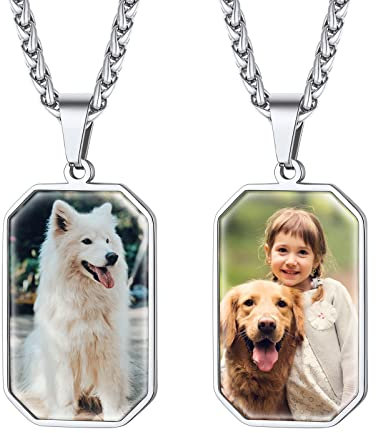 FindChic Collar Personalizados con Fotos Colgante Octógono Militar Placa Collar Hombre Acero Inoxidable 55cm+5cm