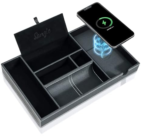 SANZIE Leather Tray with Wireless Charger - Nightstand Organizer for Phone, Wallet, Keys, Sunglasses, Watches, Jewelry, and More (Black)