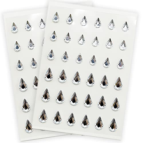Clear Rhinestone Sticker, 2 Sheets Self-Adhesive Acrylic Crystal Gems Stickers, Drop Shape Diamante Gems for Nail Art Phone Decorations DIY Crafts Makeup Festival, 72 Pcs