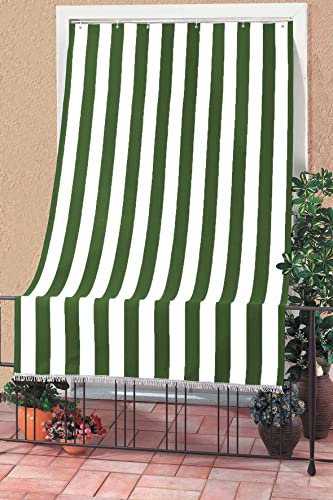 Rivers - Toldo de rayas para balcón y ventana exterior, poliéster ligero, filtro de luz solar, varios tamaños y colores, con flecos y anillas de plástico, 145 x 290 cm, rayas anchas verdes
