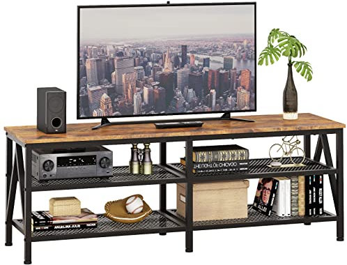 Furologee Supporto TV per TV fino a 65, lungo 55, mobile TV con ripiani a 3 livelli, centro di intrattenimento industriale con struttura in metallo per soggiorno, camera da letto, marrone rustico