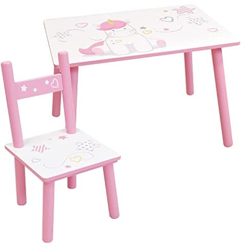 Fun House 713527 Einhorn-Tisch, Höhe 41, Länge 61, 42 cm, mit einem Stuhl, Höhe 49,5 x Breite 31 x Tiefe 31,5 cm, für Kinder