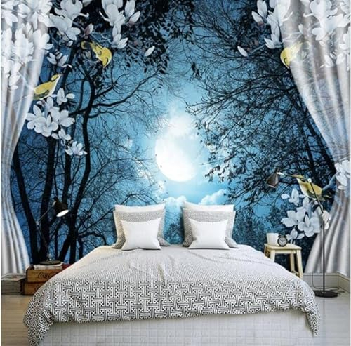 3D Wandbild Tapete Natürliche Landschaft Friedliche Nacht Mond 3D Zimmer Landschaft Fototapete Fensteransicht Schlafzimmer*250cmx175cm(98.4x68.9inch)