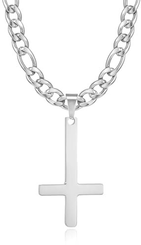 HSWYFCJY Kreuz kette Herren Kreuzkette Silber Edelstahl umgekehrtem Anhänger mit Kreuz Halskette für Männer Christliches Kreuz Halskette 24