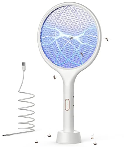 YISSVIC Electric Fly Swatter 4000V Bug Fly Zapper Racket Mosquito Killer 1500 mAh 3 Layers Mesh with USB C Cable Stand Base for Indoor Outdoor