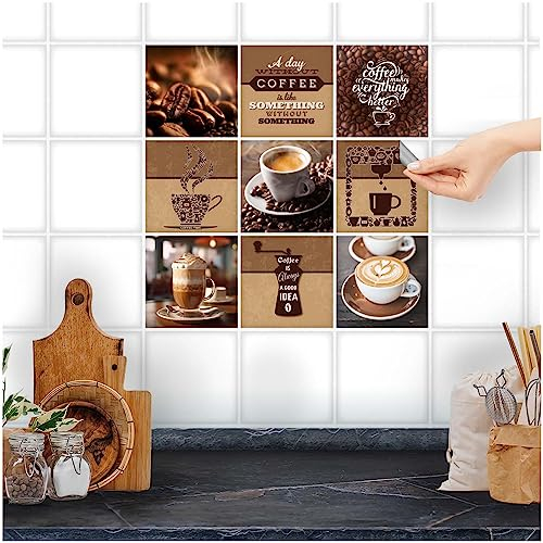 FoLIESEN Fliesenaufkleber für Bad, Küche, Badezimmer - Fliesen-Folie selbstklebend - Deko-Aufkleber - Kaffee-Collage, .:15x15 cm - 9-tlg.